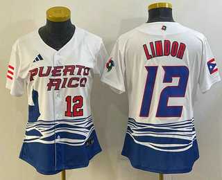 Womens Puerto Rico Baseball #12 Francisco Lindor Number 2023 White World Classic Stitched Jerseys